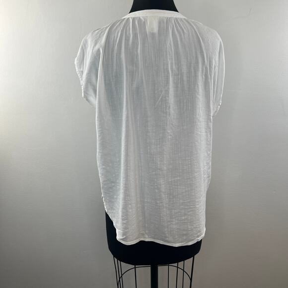 H&M White Blouse Cotton Split Neck Frill-Trimmed Cap Sleeve Pullover S M Medium - Picture 7 of 9